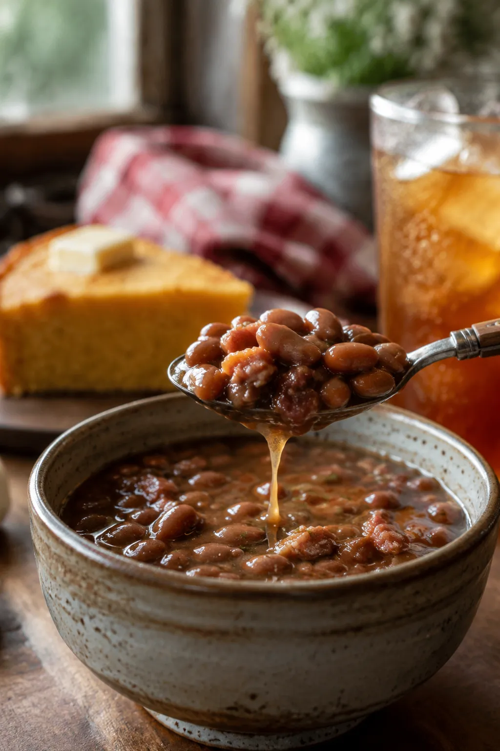 Spoonful of Southern brown beans served with cornbread and sweet tea