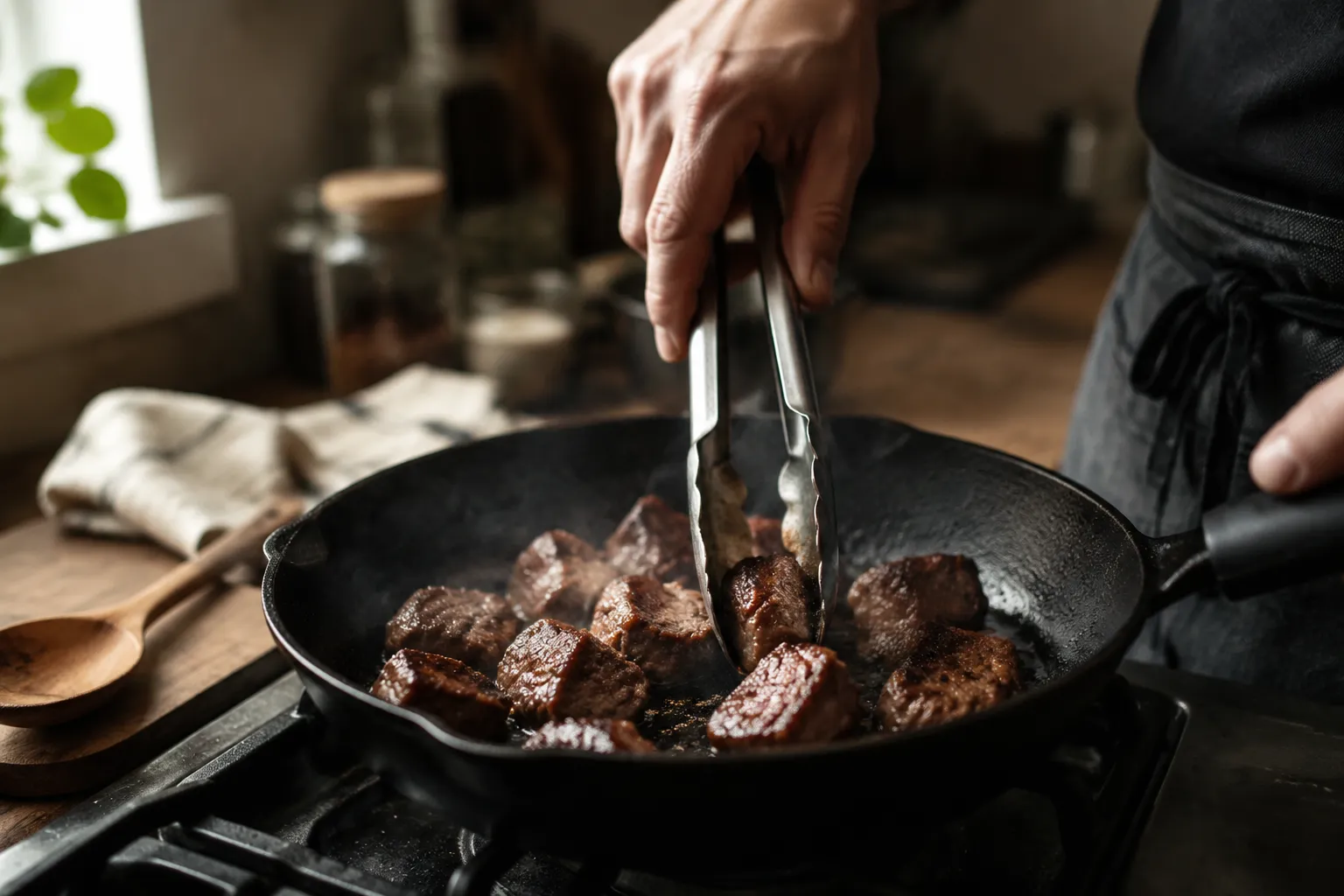 Searing beef tips in a cast-iron skillet for beef and noodles.