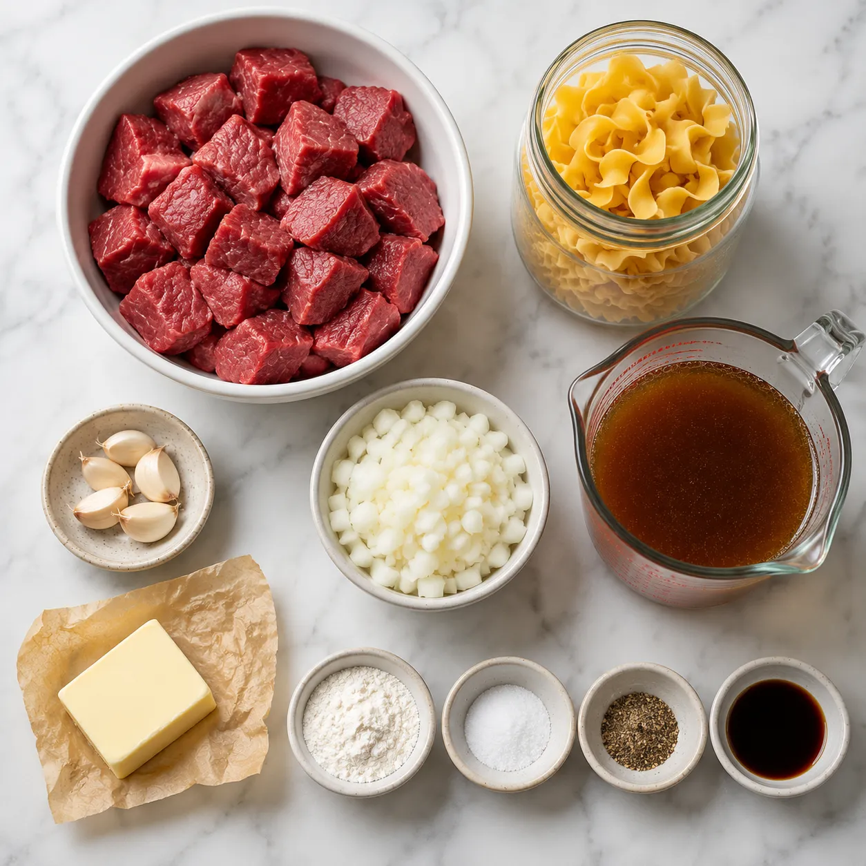 Ingredients for beef and noodles recipe laid out on a marble counter.