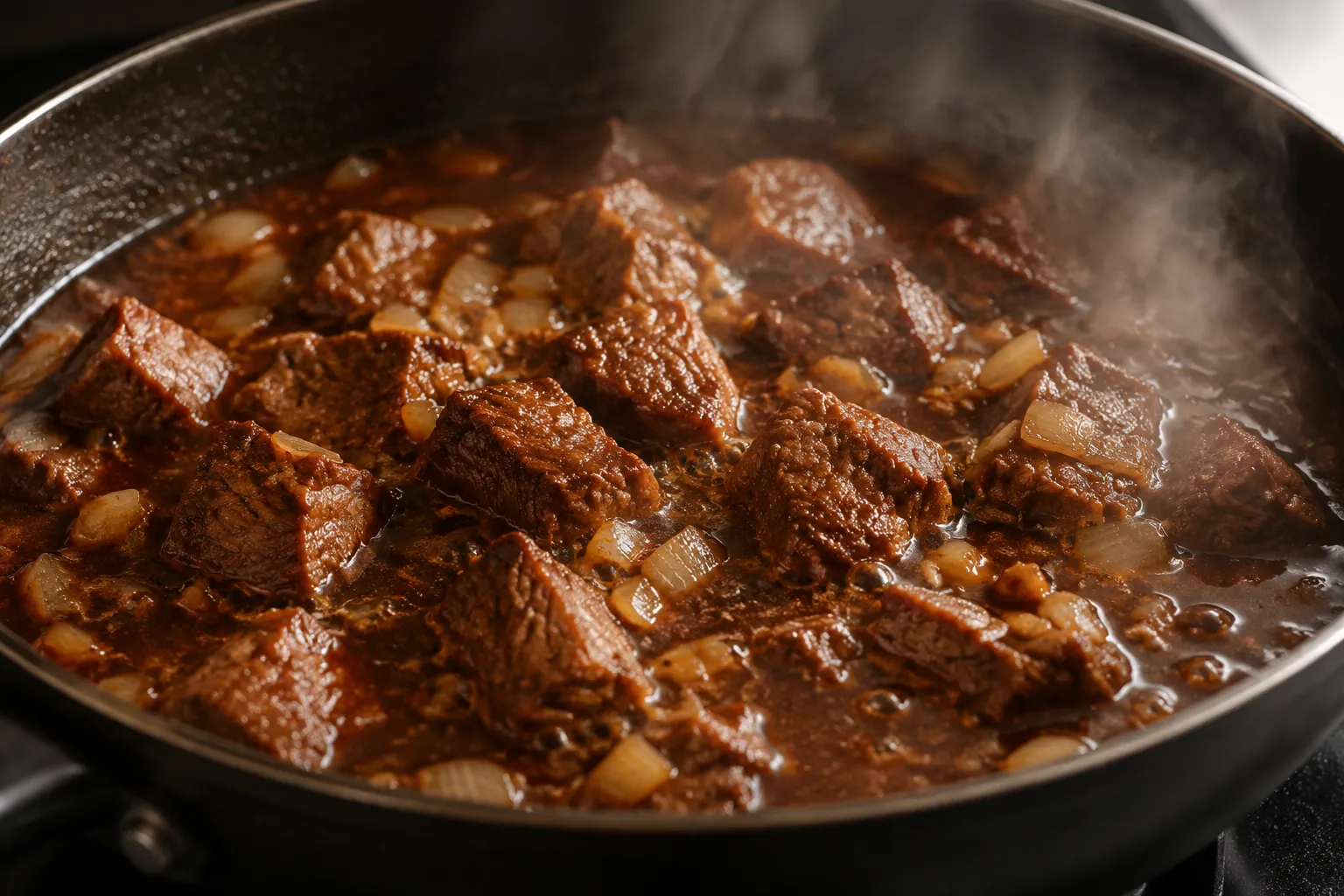 Beef tips simmering in brown gravy on the stovetop.
