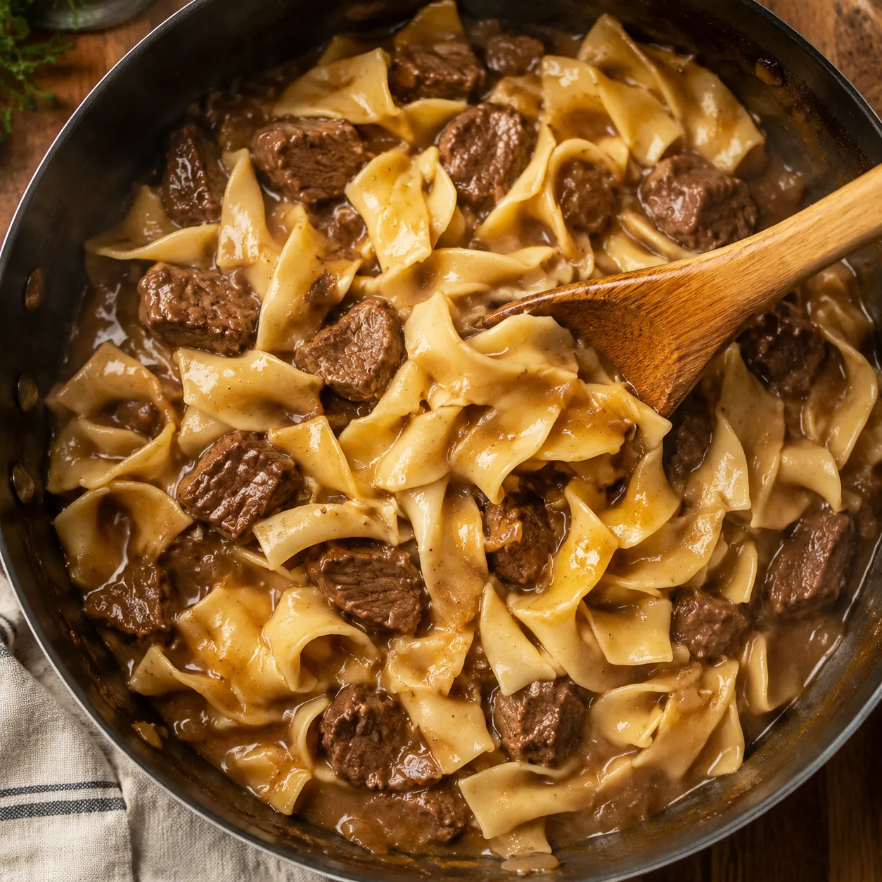 Folding egg noodles into beef and gravy for a beef and noodles recipe.