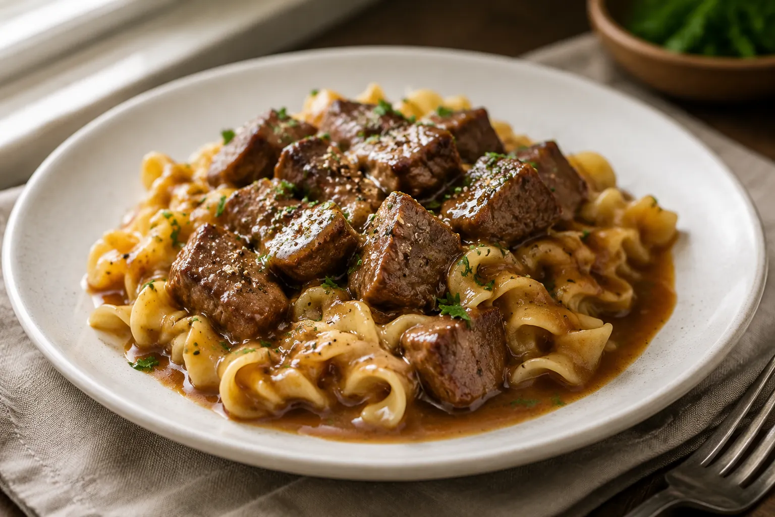 Plated beef tips and noodles recipe with brown gravy and parsley.