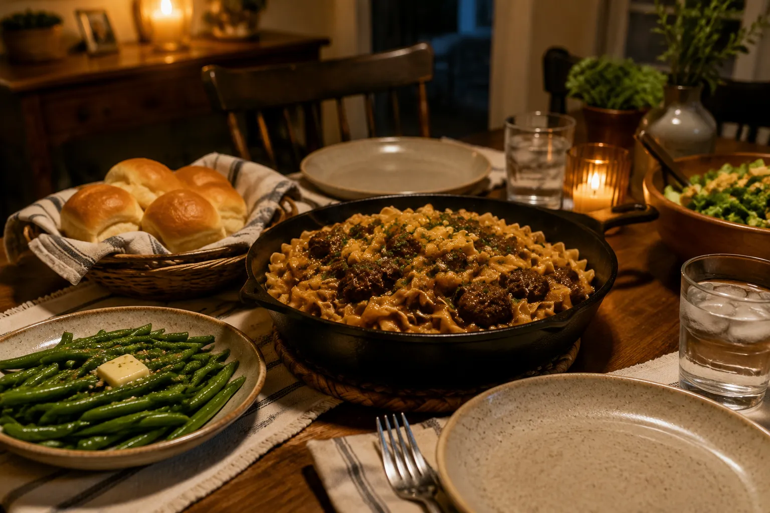Beef and noodles served family-style with green beans and dinner rolls.
