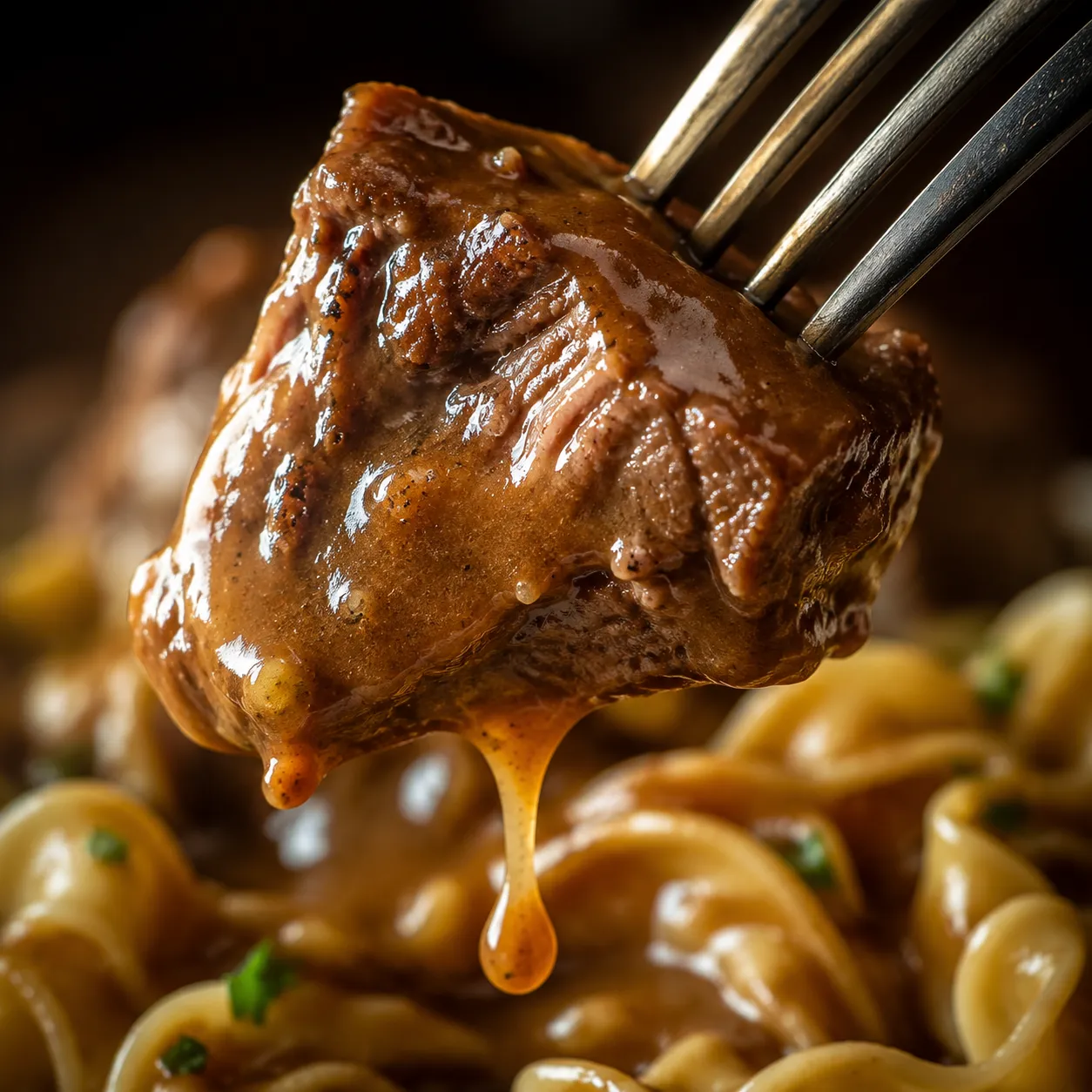 Close-up of a tender beef tip coated in brown gravy on a fork.