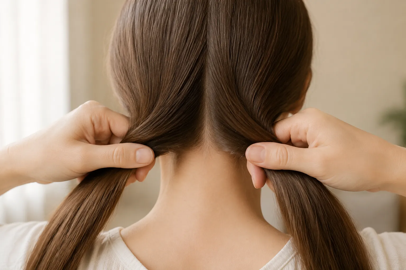 Step 1 of fishtail braid: splitting hair into two sections