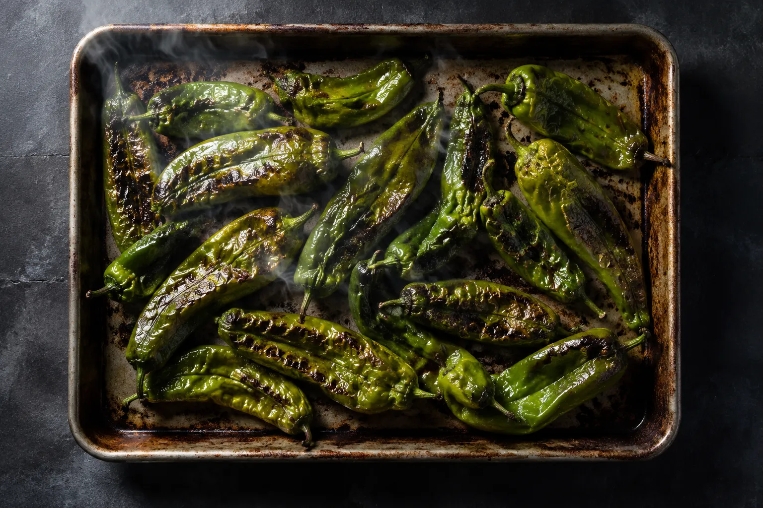 Roasted Hatch green chiles with charred, blistered skins on a sheet pan