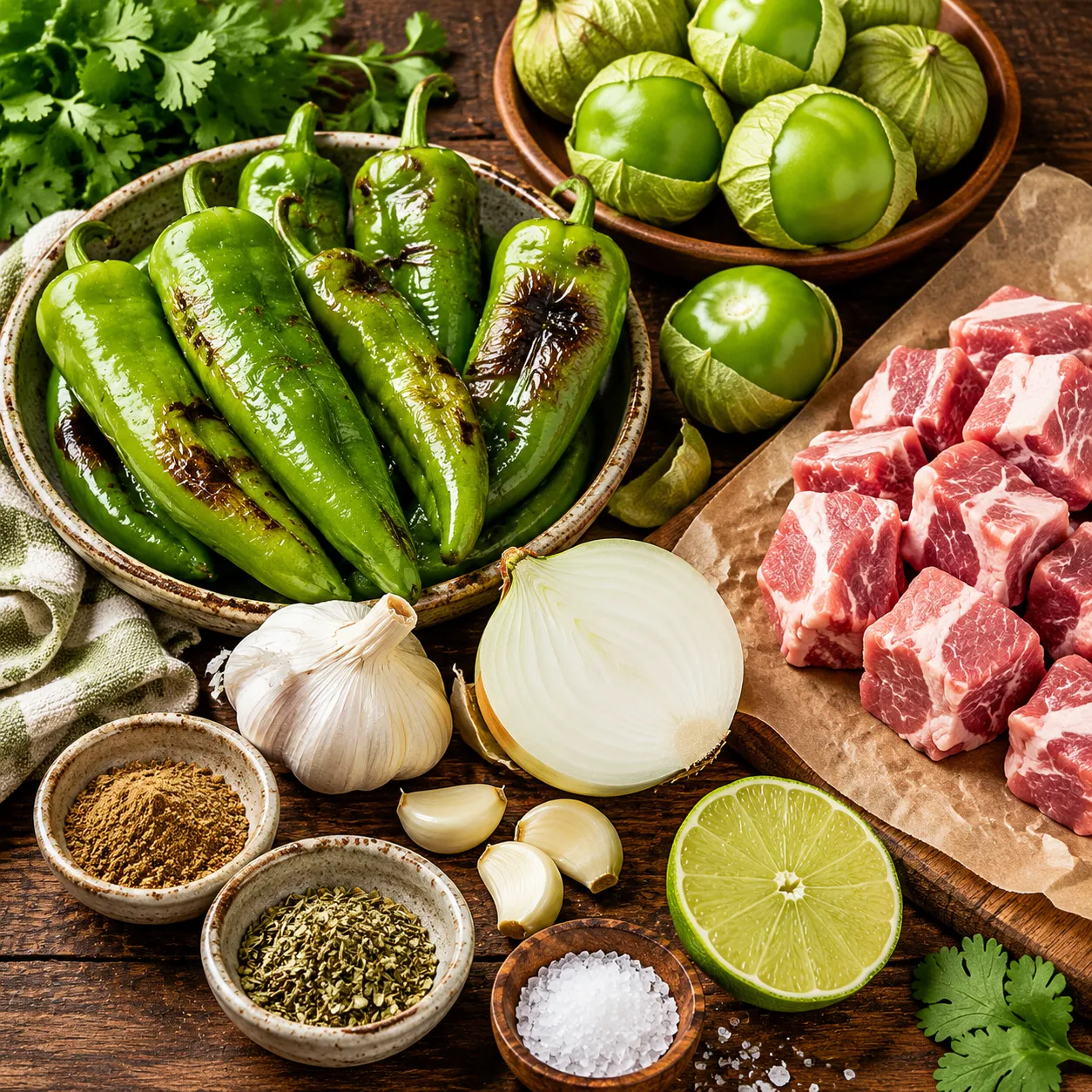 Ingredients for green chili recipe including Hatch chiles, pork, and tomatillos