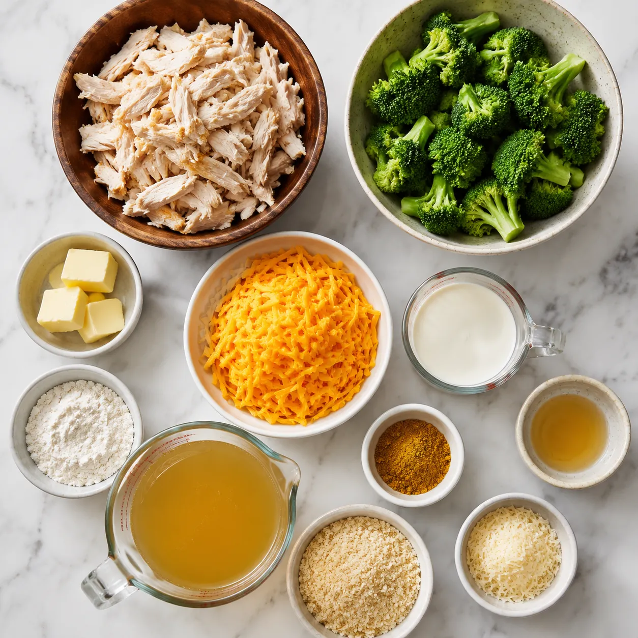 Ingredients for chicken divan recipe arranged in bowls on a marble surface