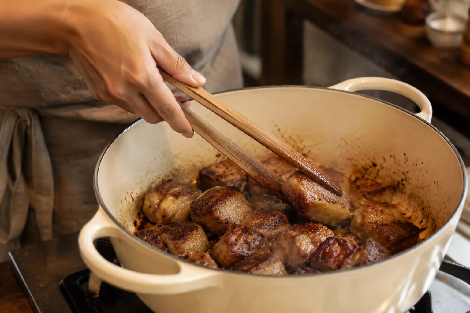 Searing pork shoulder cubes in a Dutch oven for green chili