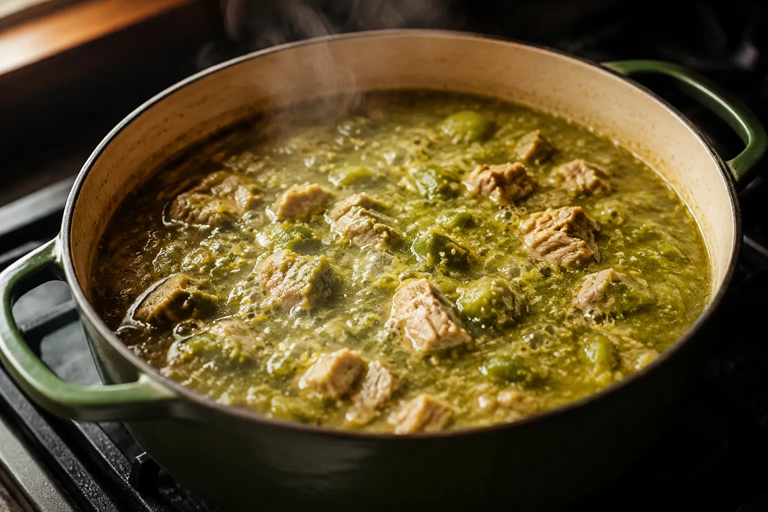 Green chili simmering with pork shoulder, tomatillos, and roasted chiles