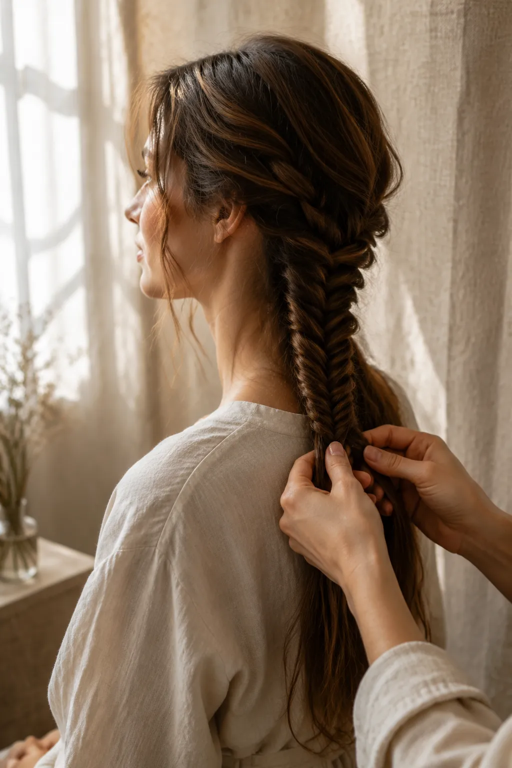 Halfway-finished fishtail braid showing the V-pattern weave