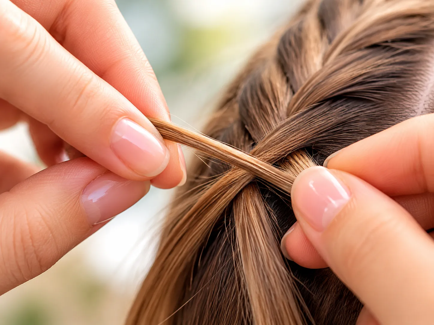 Fishtail braid step: crossing small strand over to opposite section