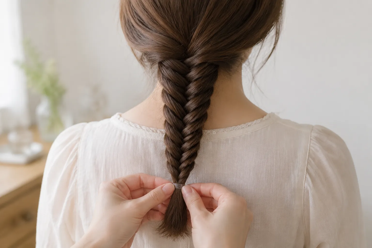 Securing the end of a fishtail braid with a clear elastic