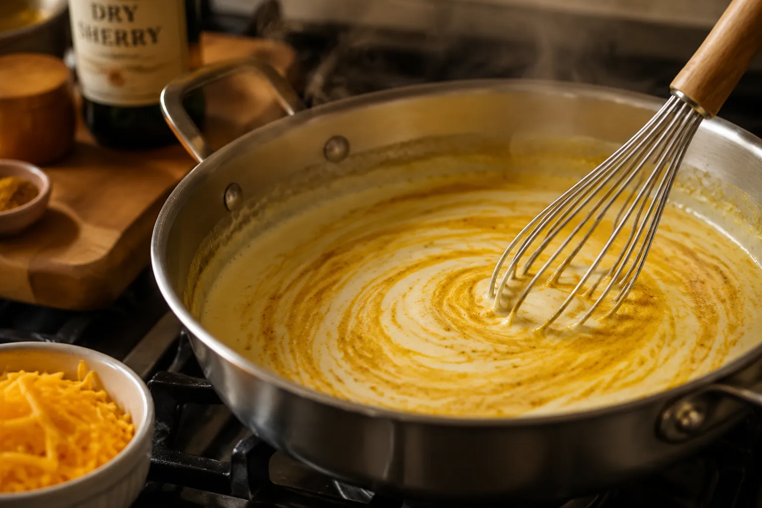 Whisking creamy sherry curry sauce for chicken divan from scratch