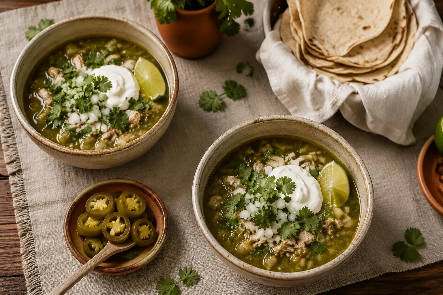 Two bowls of green chili recipe served with tortillas and lime