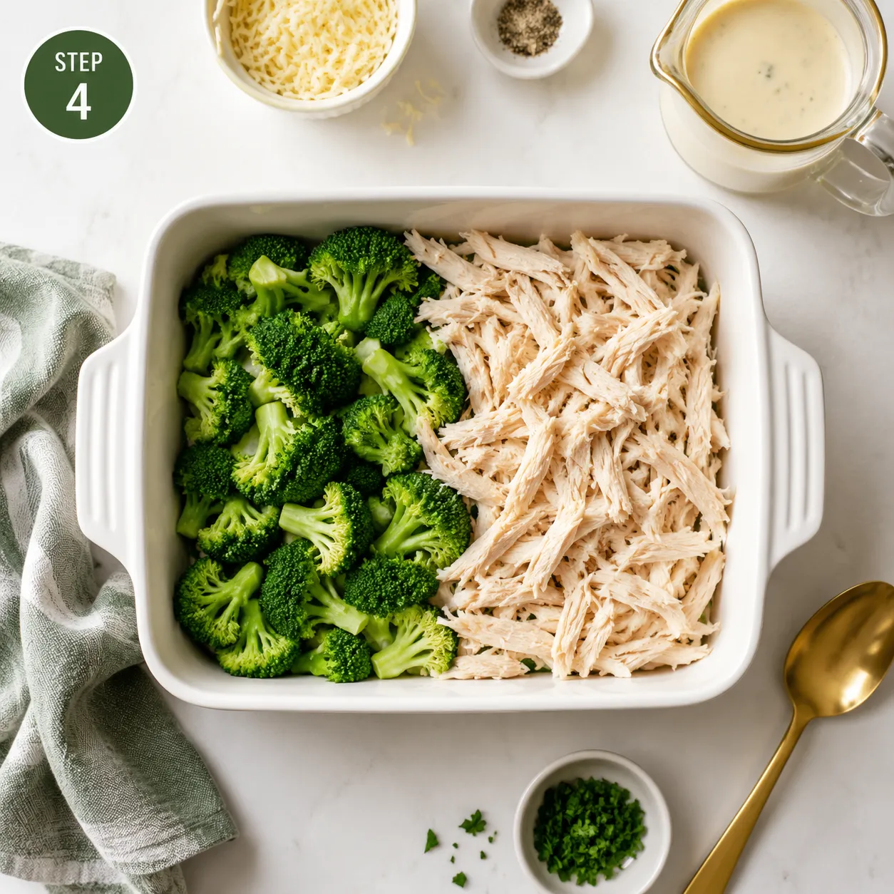 Layering chicken and broccoli in a casserole dish for chicken divan