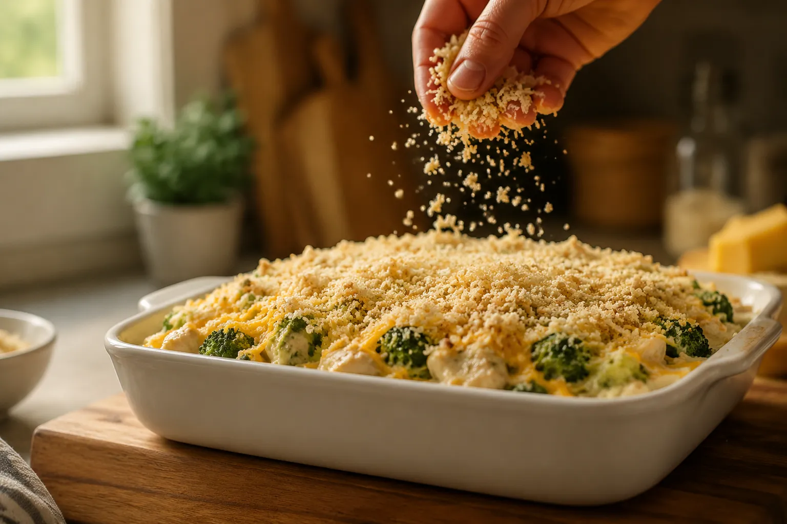 Topping chicken divan casserole with panko breadcrumbs before baking