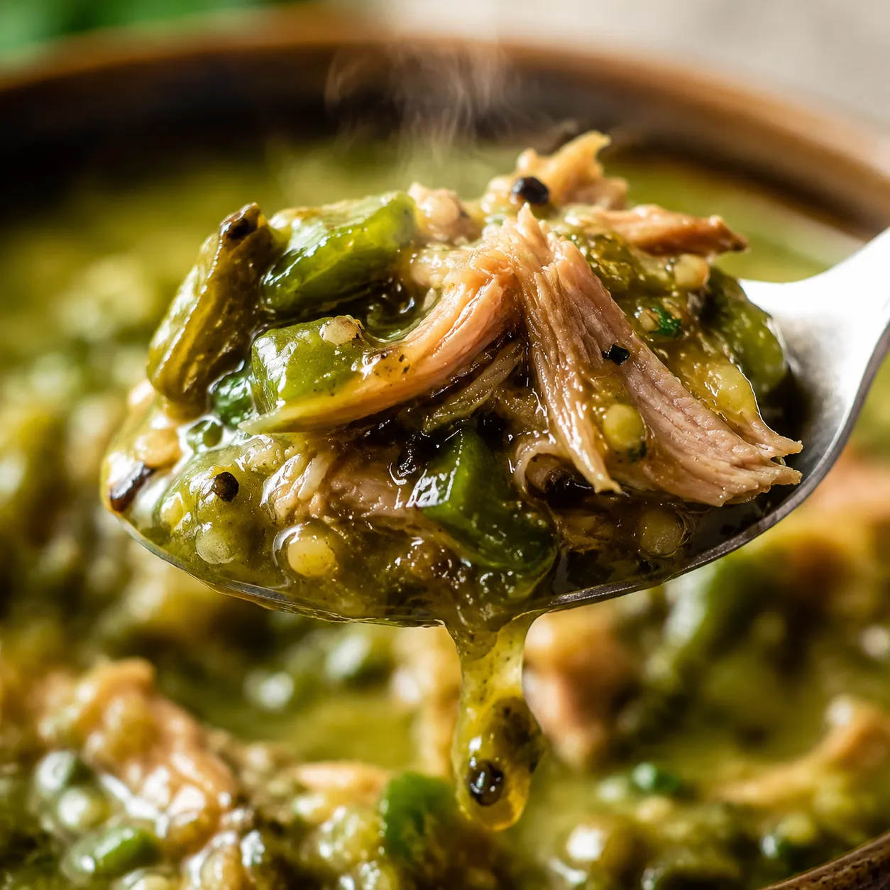 Close-up of tender pork in green chili sauce on a spoon