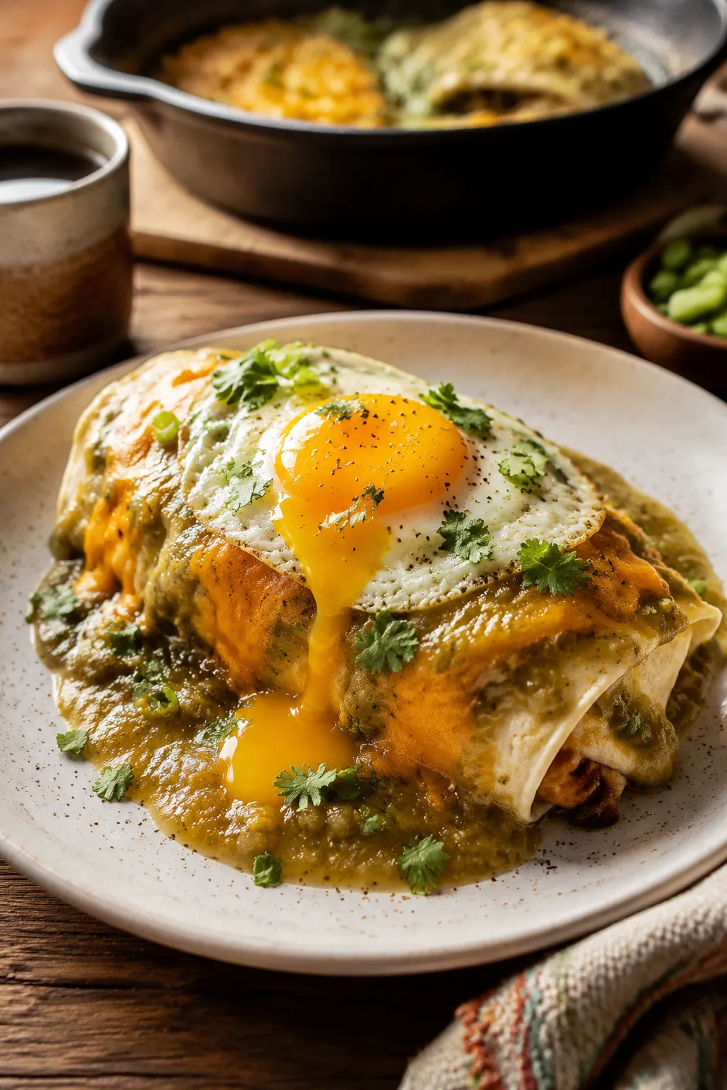 Smothered breakfast burrito topped with green chili and a fried egg