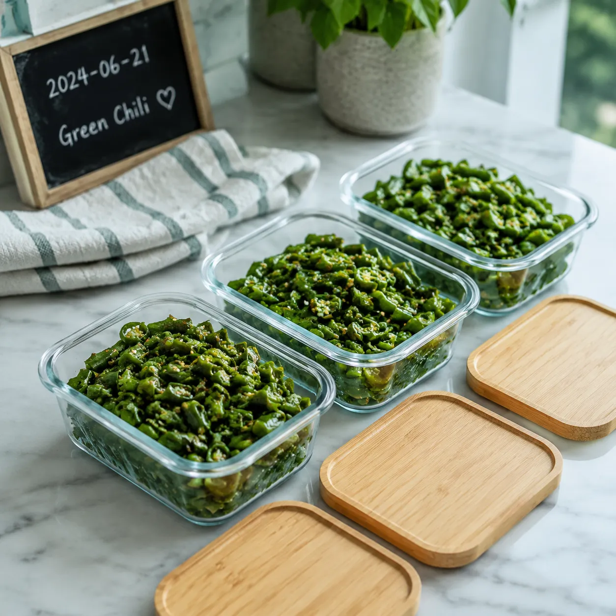 Green chili portioned into glass containers for storage and freezing