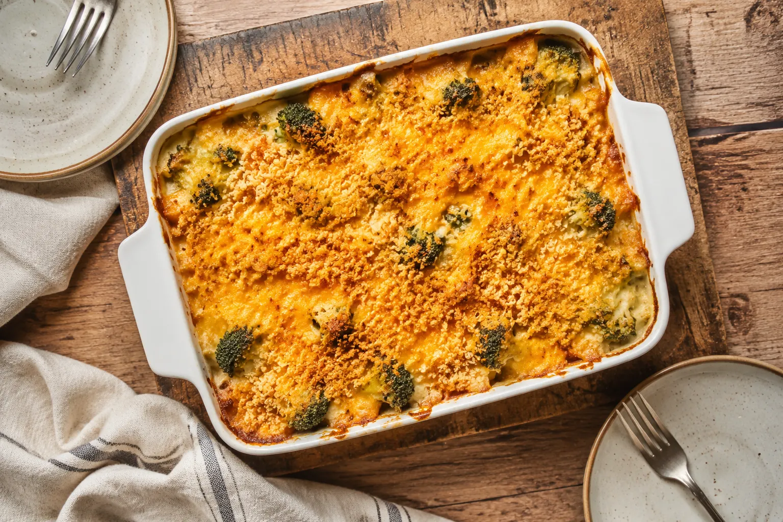 Baked chicken divan casserole with golden cheddar topping and broccoli