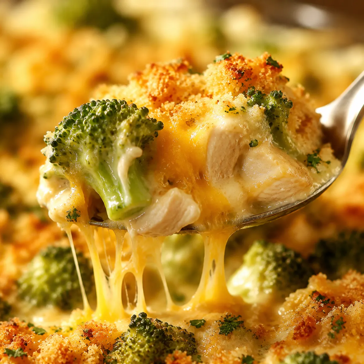Close-up of cheesy chicken divan with melted cheddar pull