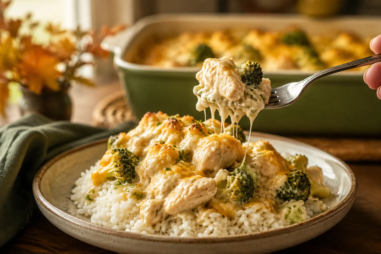 Serving of chicken divan recipe over rice on a stoneware plate