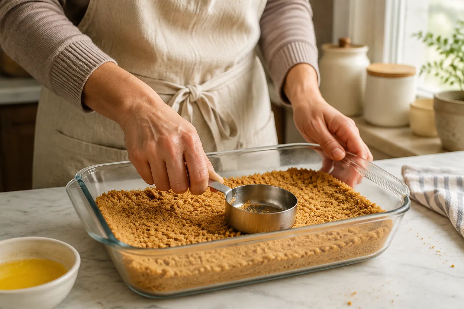 Pressing graham cracker crust into baking dish for no-bake banana split cake