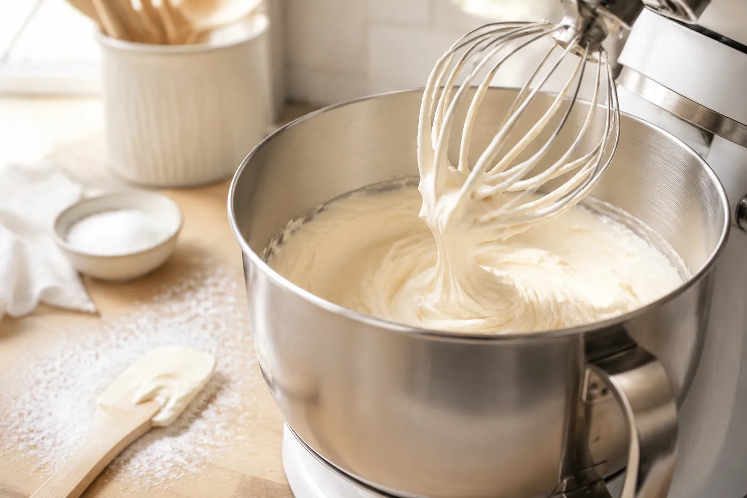 Whipped cream cheese filling for banana split cake in a mixer bowl