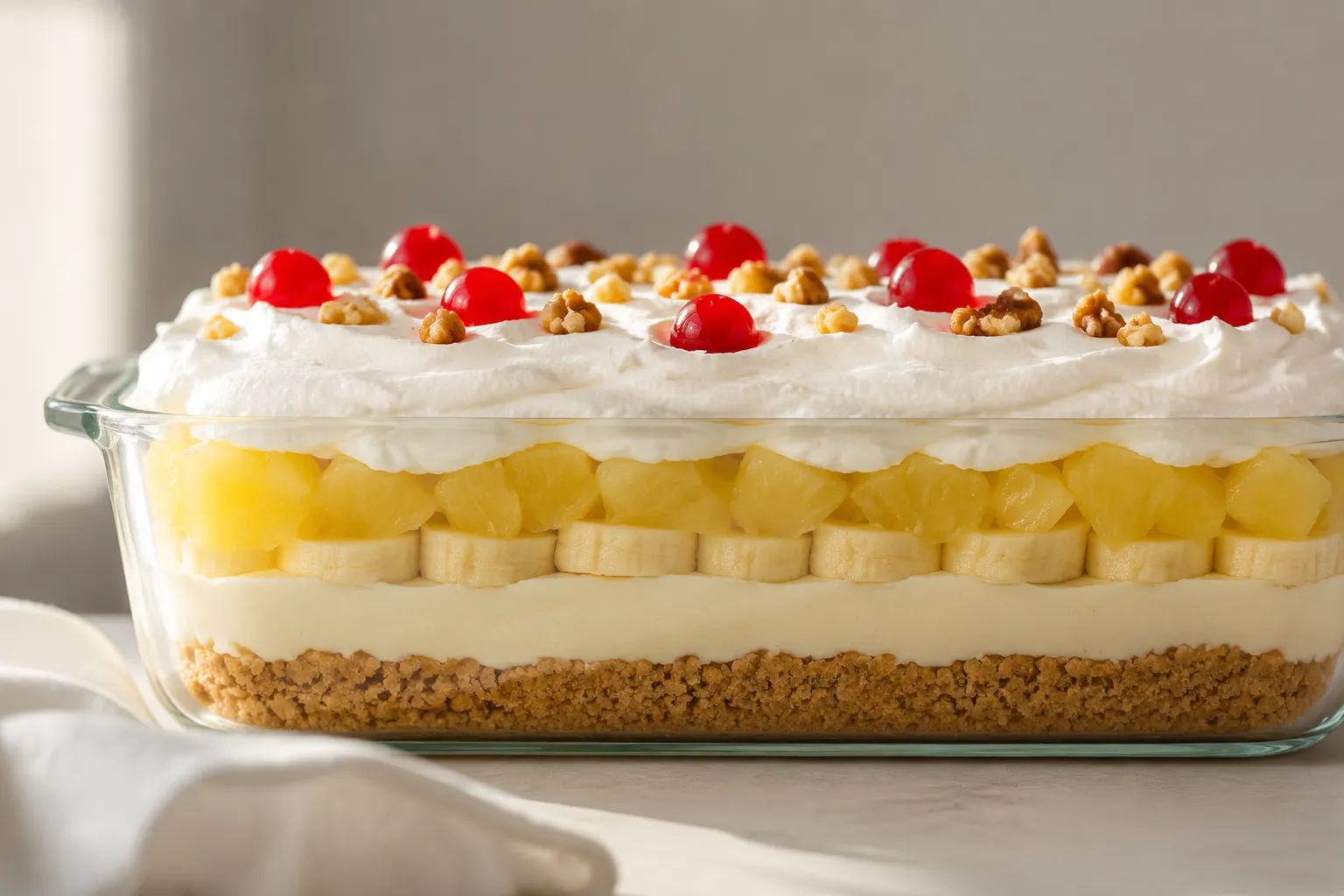 Side view of layered banana split banana cake showing all the layers