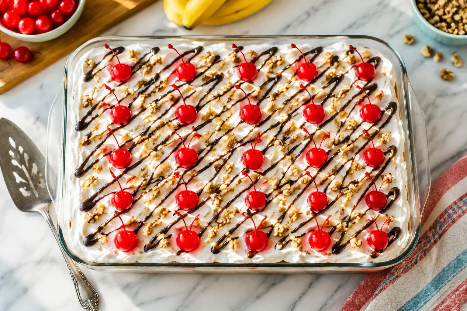 Whole banana split banana cake topped with cherries and chocolate drizzle