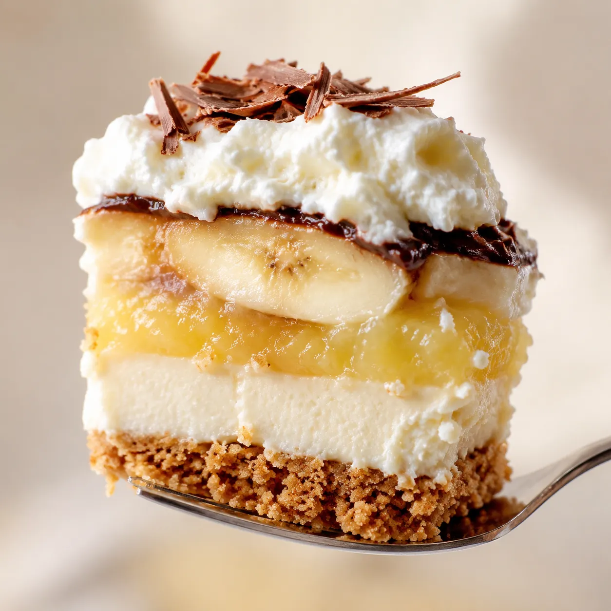 Macro close-up of a forkful of banana split cake showing every layer