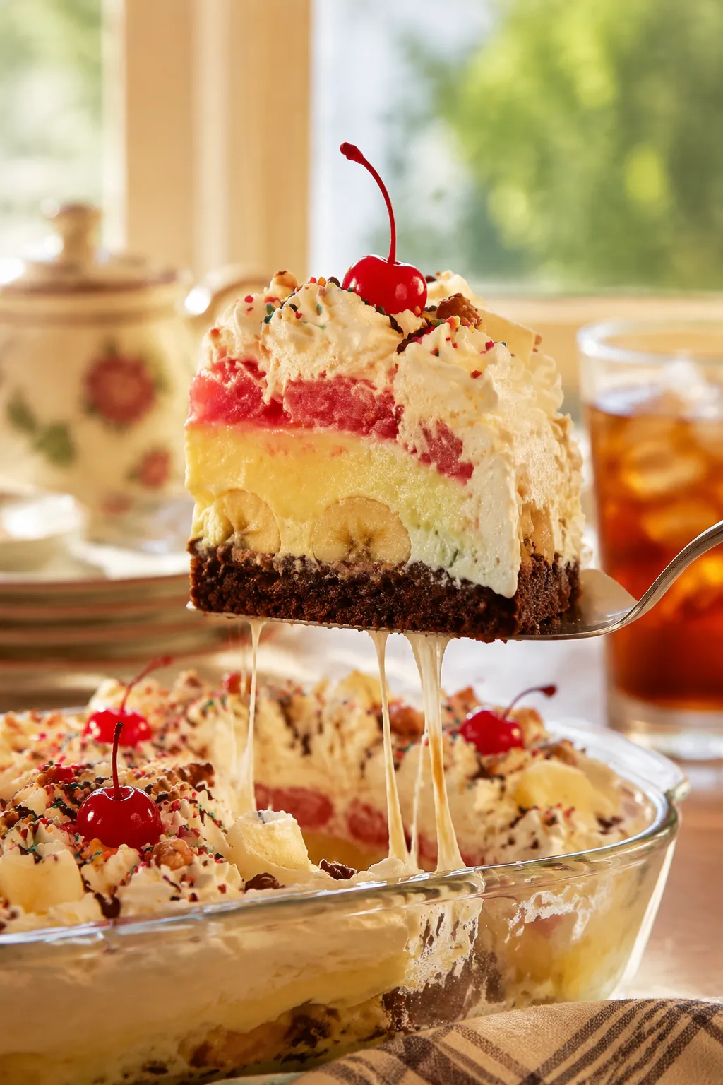Serving a slice of banana split banana cake from the dish