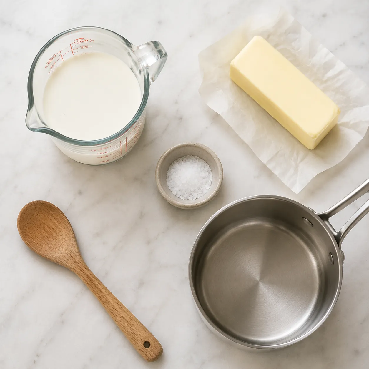 Ingredients for homemade double cream substitute on marble