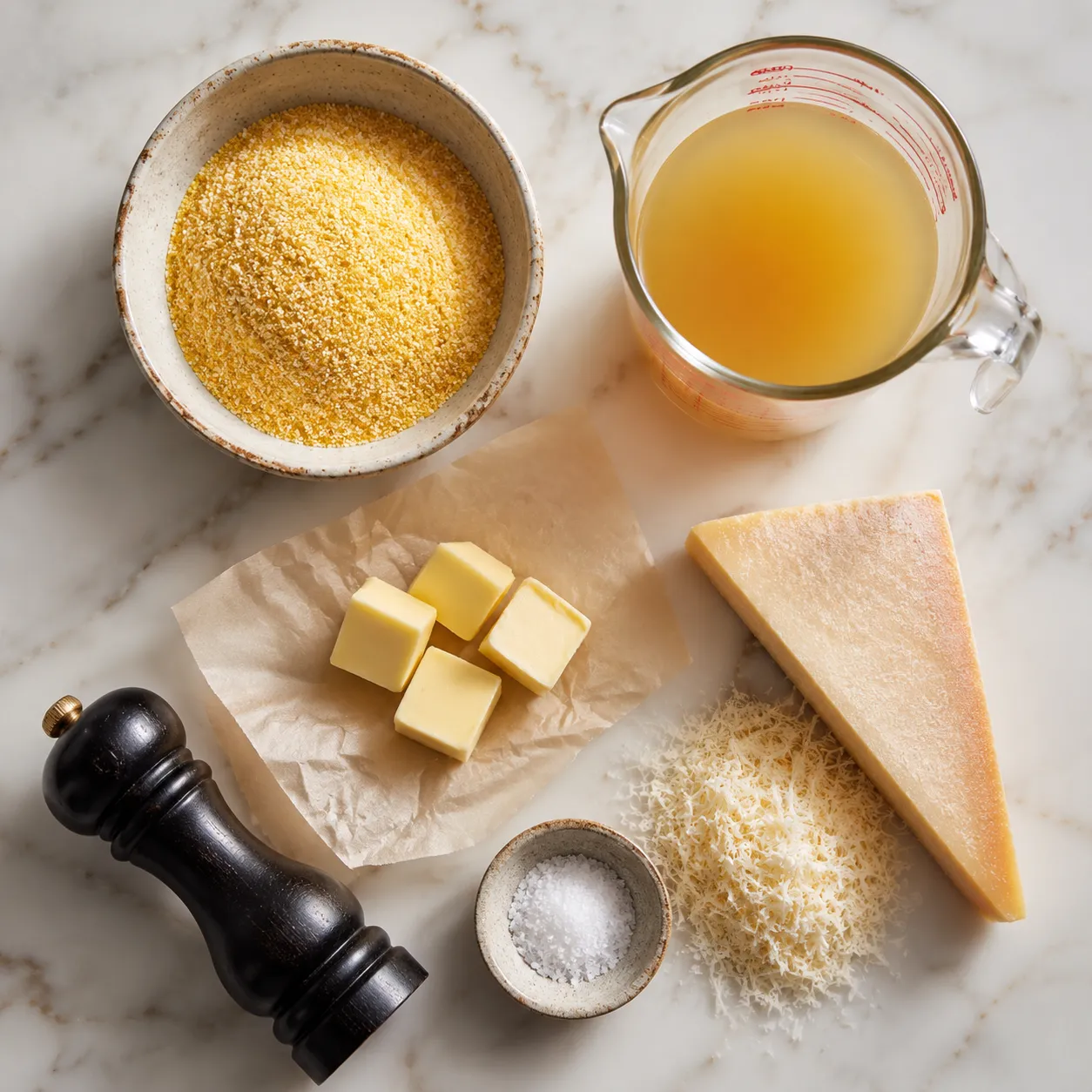 Polenta recipe ingredients flatlay with cornmeal, butter, Parmesan, and stock