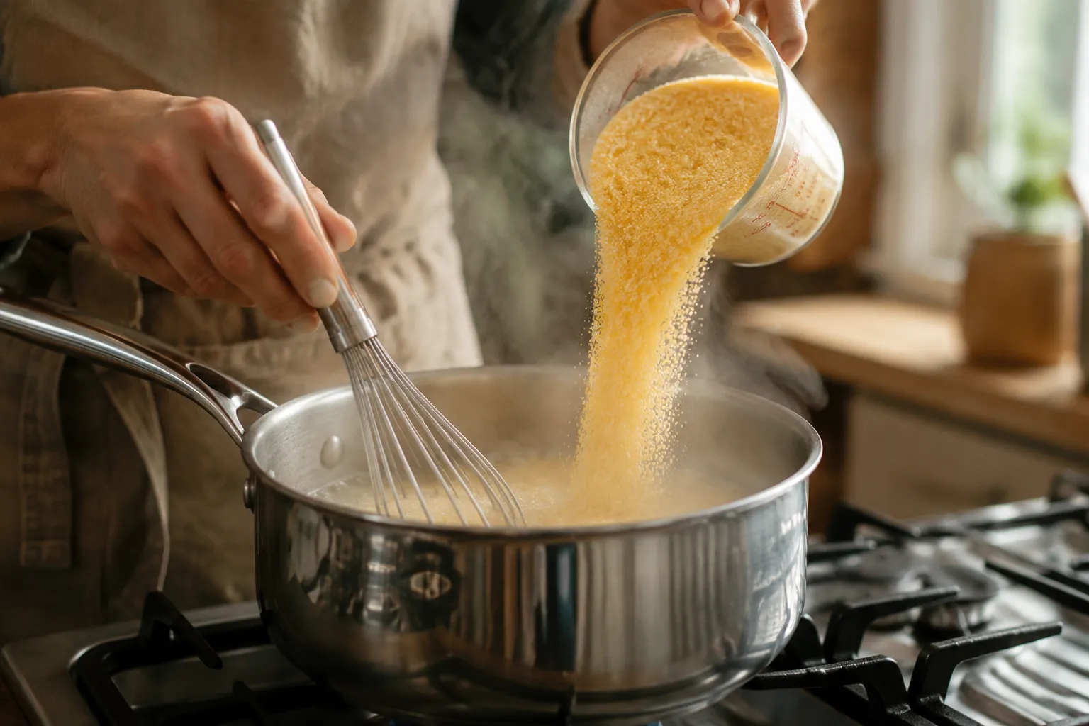 Whisking polenta into simmering stock to prevent lumps