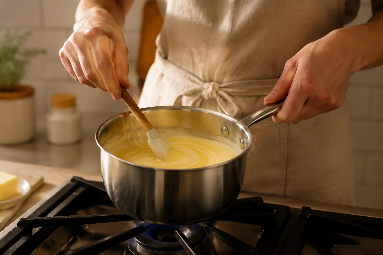 Melting butter into heavy cream to make double cream substitute