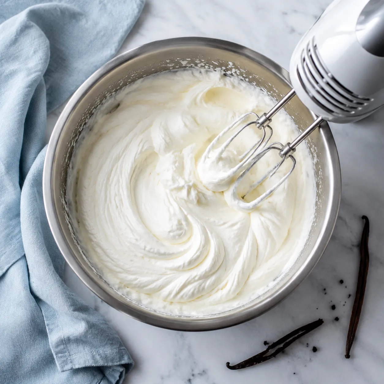 Whipped double cream soft peaks in mixing bowl overhead