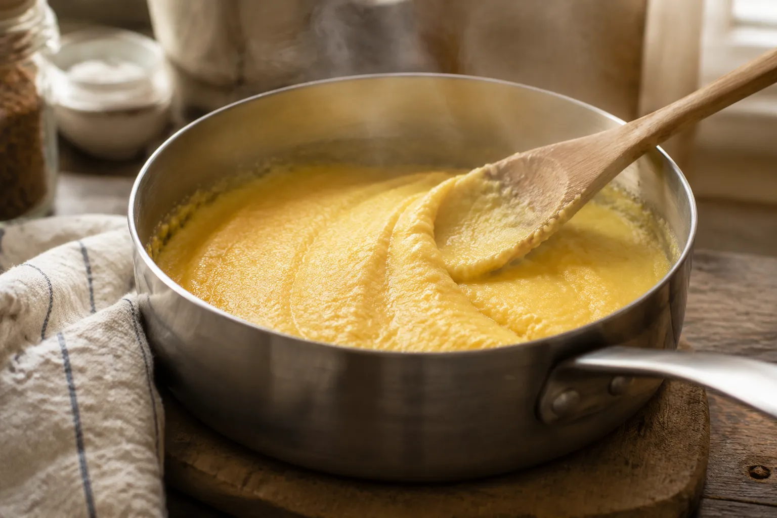 Creamy polenta simmering and thickening in a saucepan