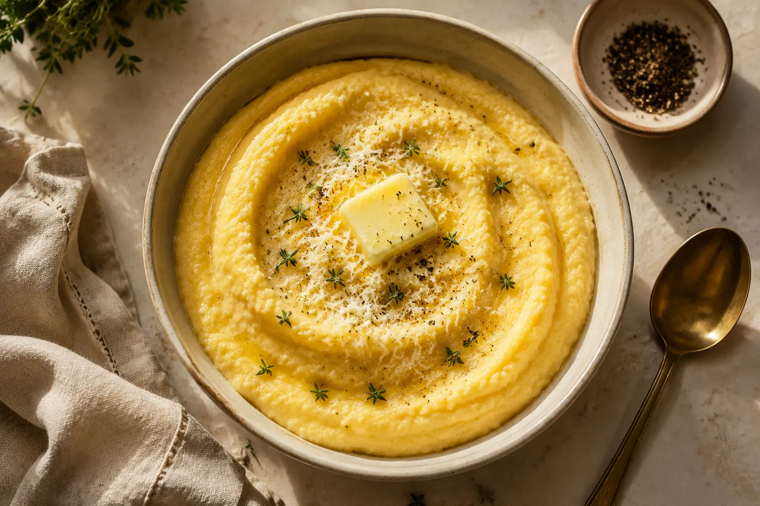 Finished creamy polenta recipe served in a ceramic bowl