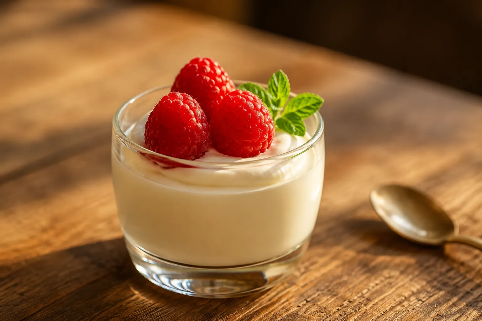 Vanilla panna cotta with double cream and raspberries