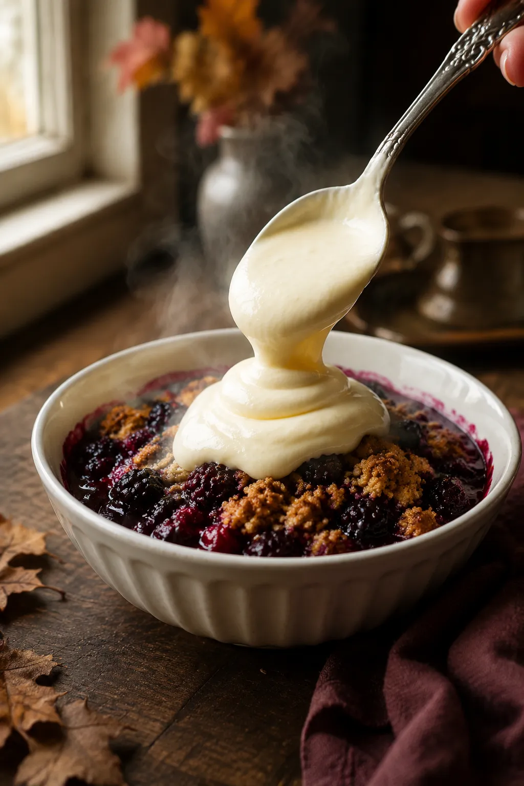 Spoonful of double cream over warm berry crumble