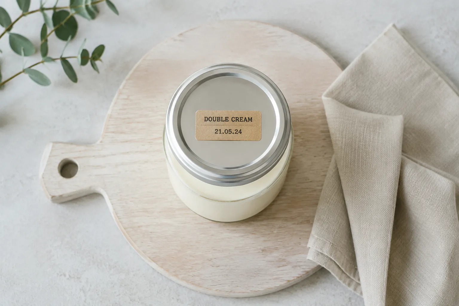 Double cream stored in labeled glass jar for refrigerator