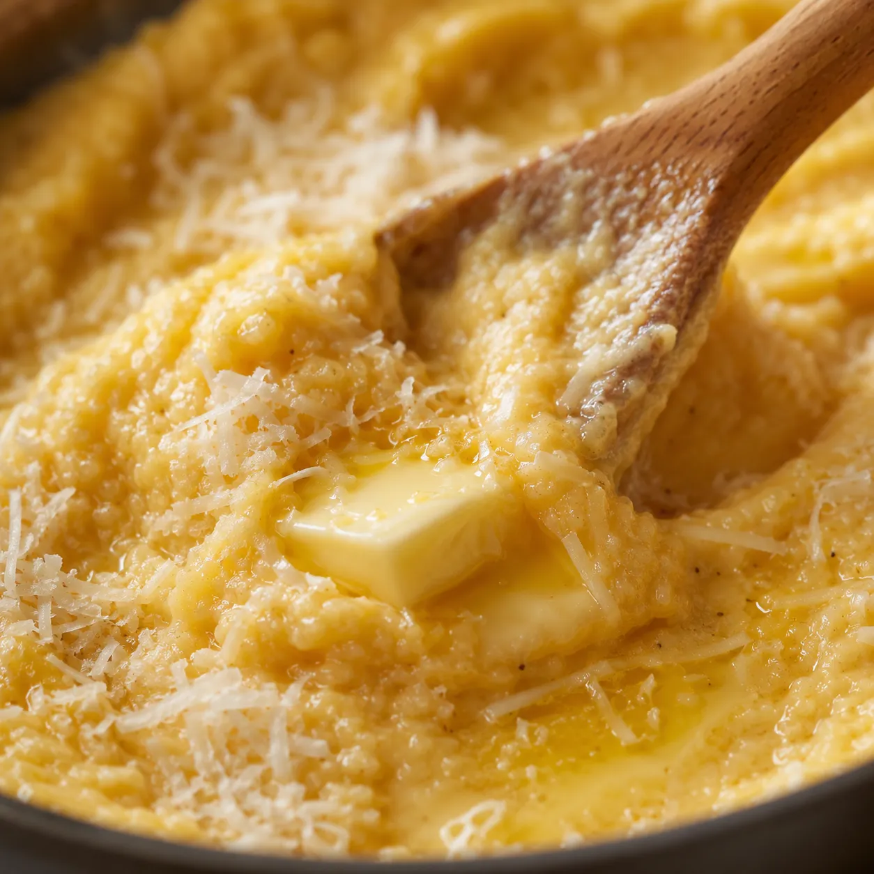 Stirring butter and Parmesan into creamy polenta for a silky finish