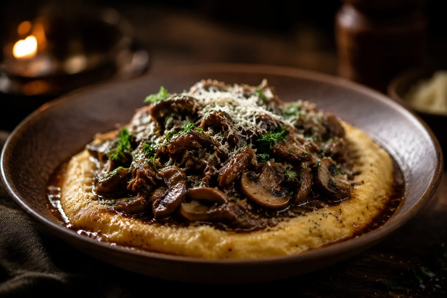 Creamy polenta served with mushroom ragu as an Italian main dish