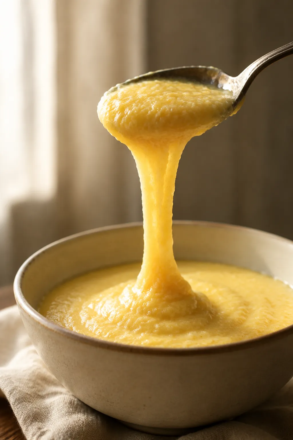 Spoon showing the silky creamy texture of perfect polenta