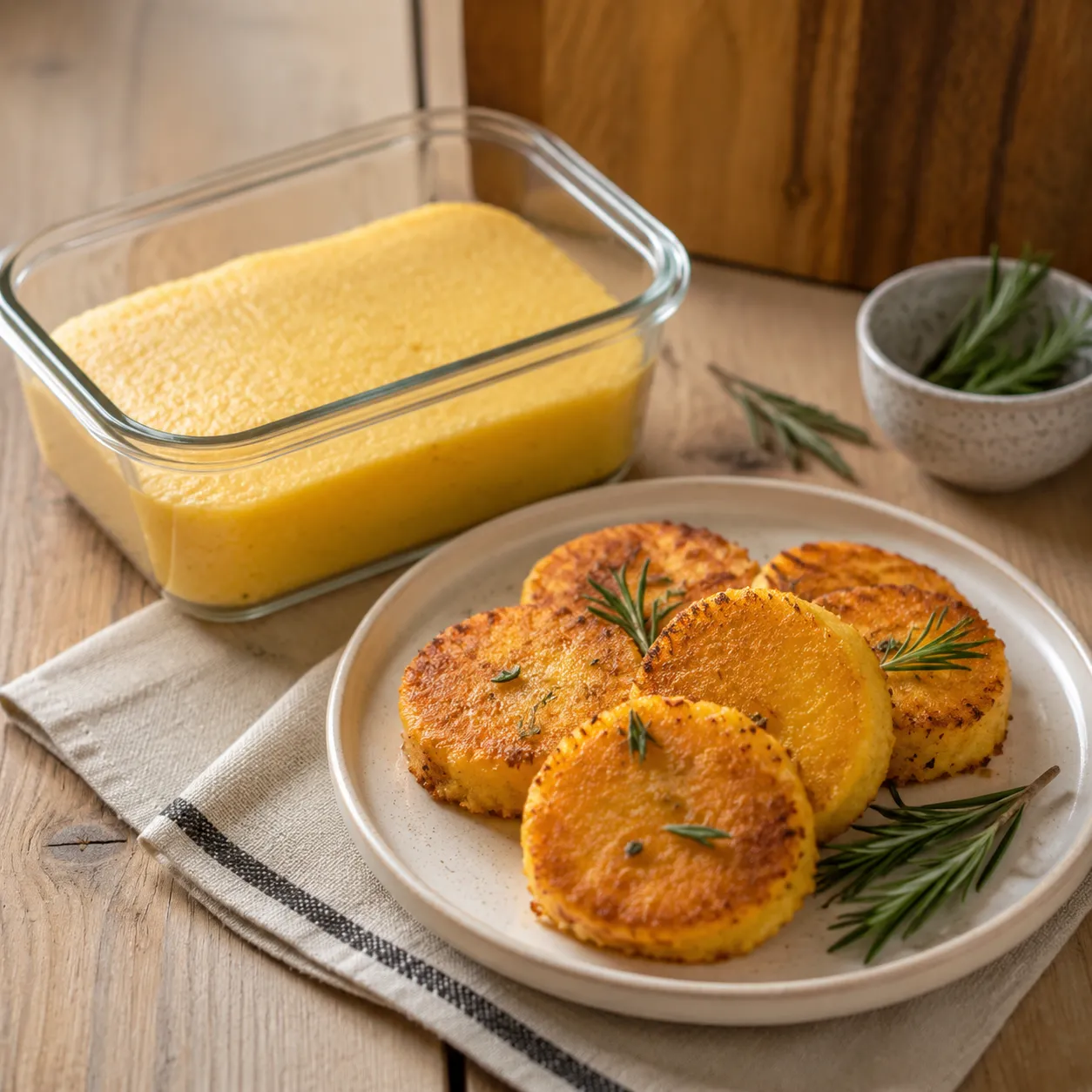 Leftover polenta stored and pan-fried into crispy polenta cakes