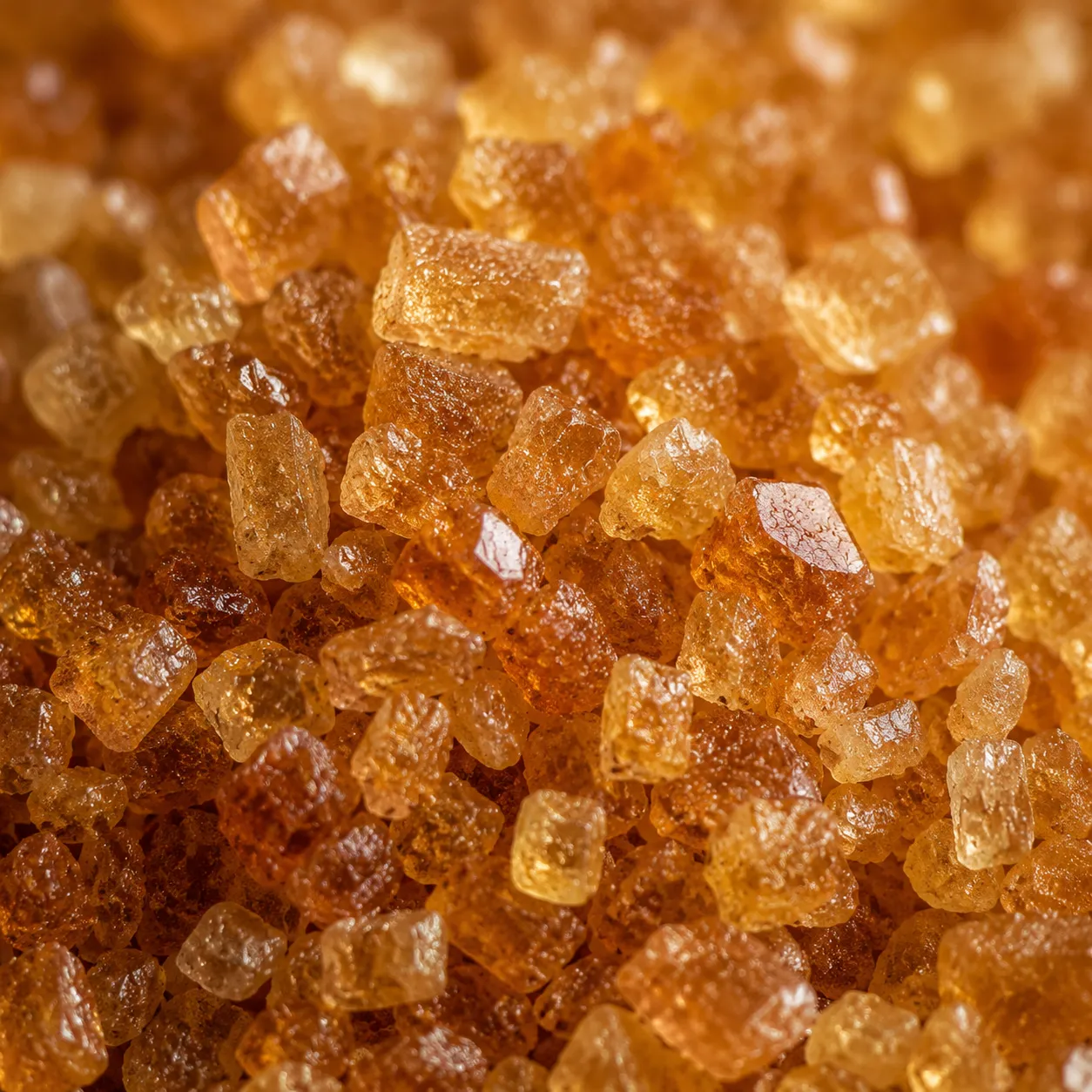 Macro close-up of large amber demerara sugar crystals