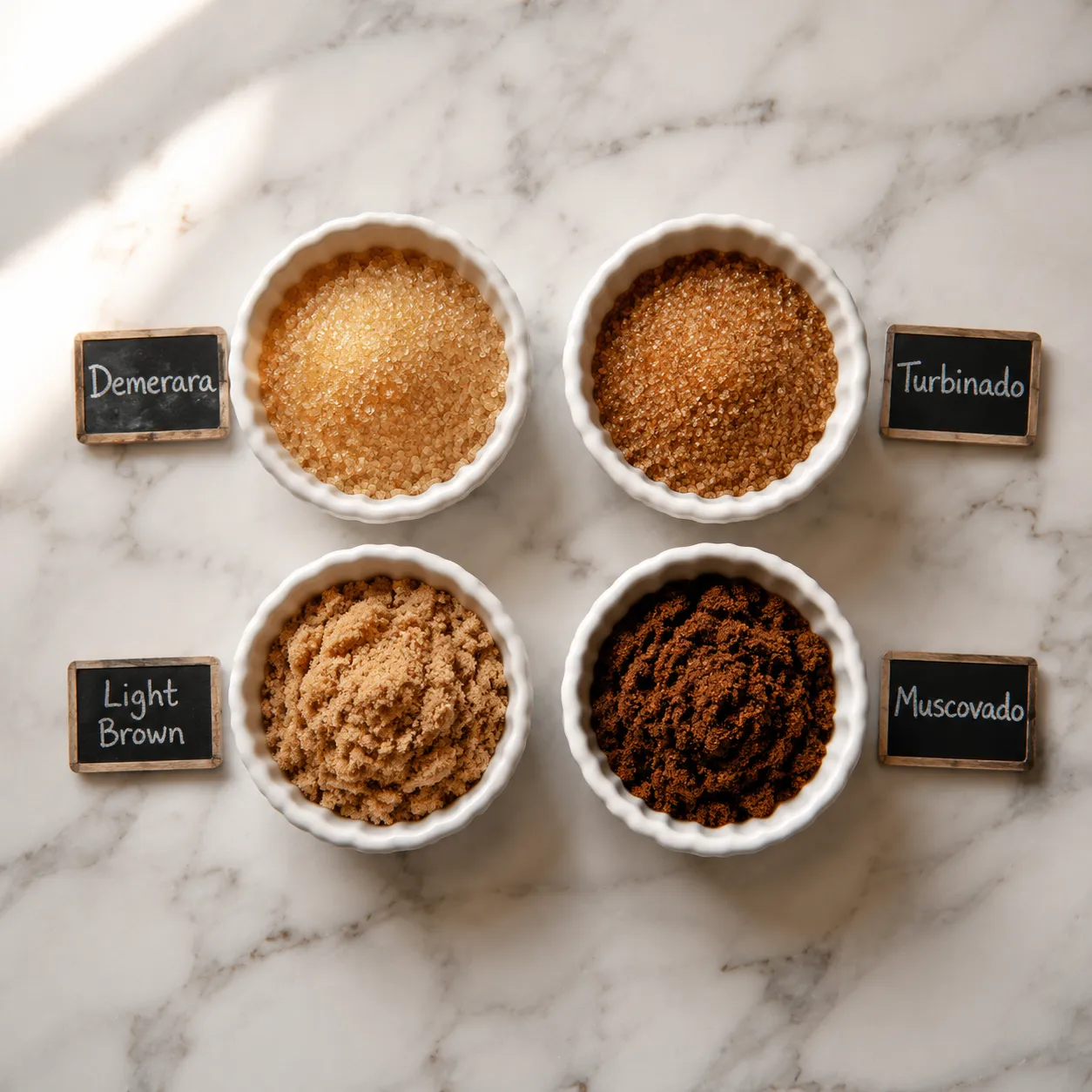 Demerara sugar compared to turbinado, brown, and muscovado sugar in white bowls
