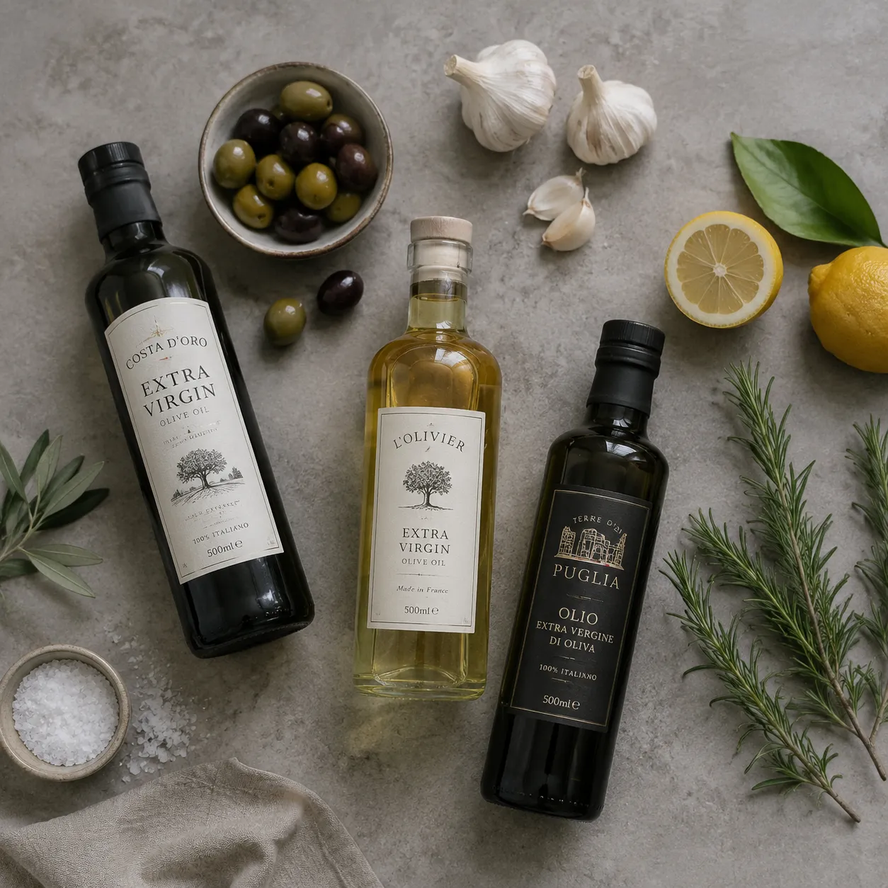 Olive oil ingredients flatlay with EVOO bottles, olives, garlic, and herbs
